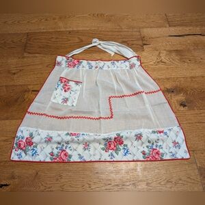 Vintage 1940s 1950s White Sheer Hostess Half Apron Red & Blue Floral Cottagecore